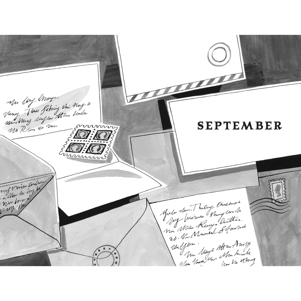 Black and white illustration of letters, envelopes, and a card with 'September' on a textured background.