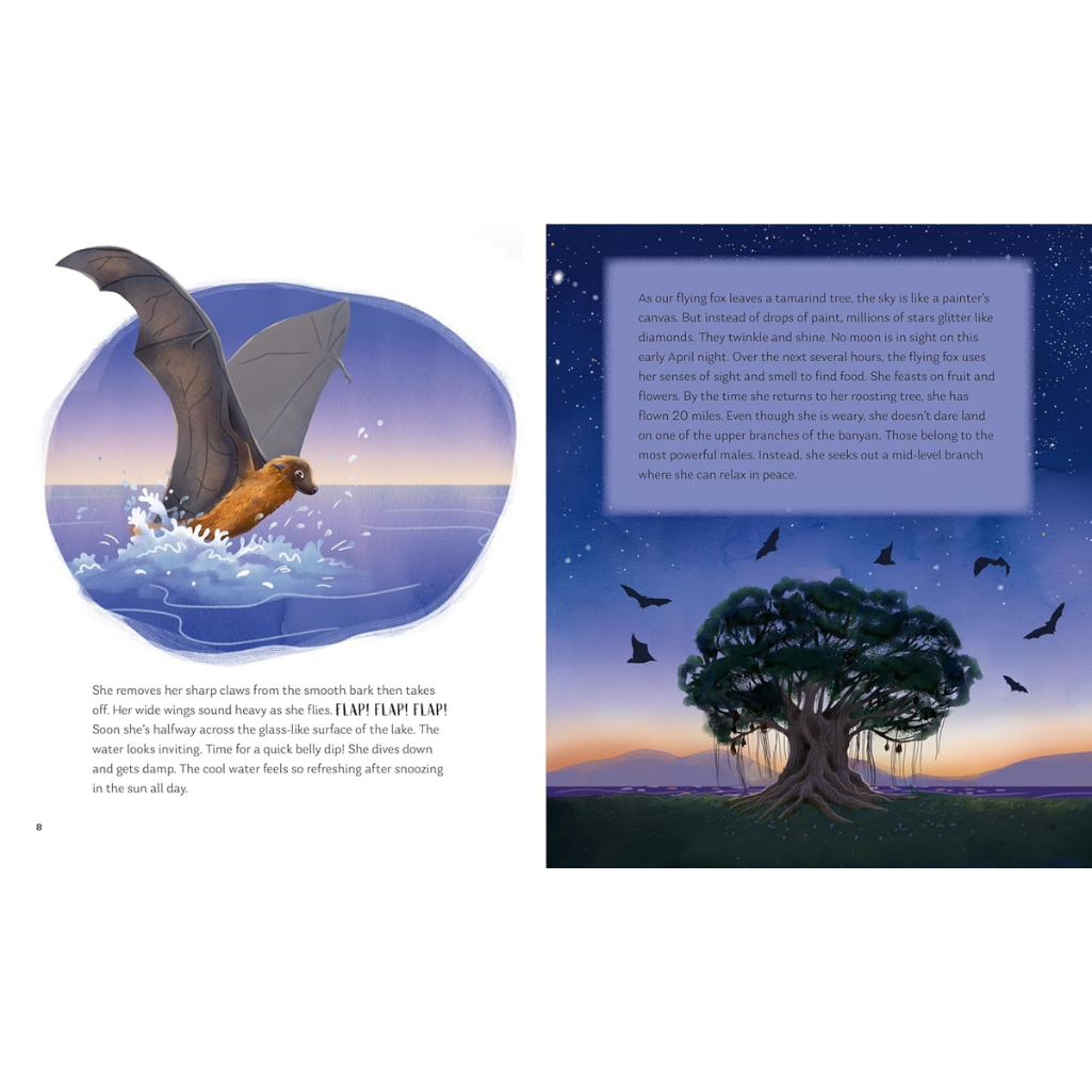 Illustrated book page with a bat flying over water and a tree at night.
