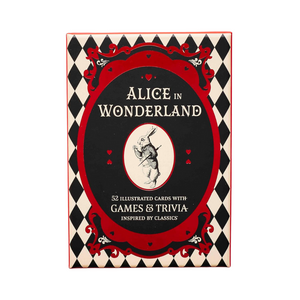 Card game box inspired by 'Alice in Wonderland' with black, red, and white design.