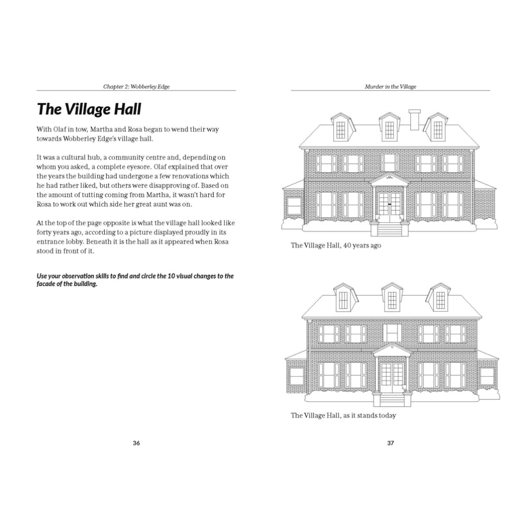 Page from a book showing illustrations of 'The Village Hall' with text and labels.