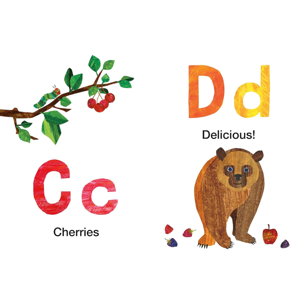 Educational illustration with letters 'C' and 'D', cherries, a bear, and fruits on a white background.