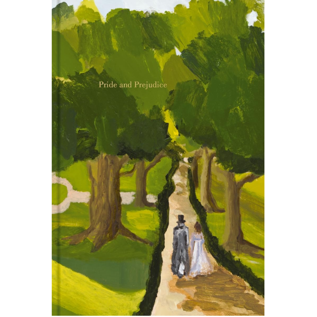 Book cover of 'Pride and Prejudice' with a painting of a couple walking through a park.