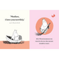Illustrated book page with Moomin characters and text on a pink and peach background