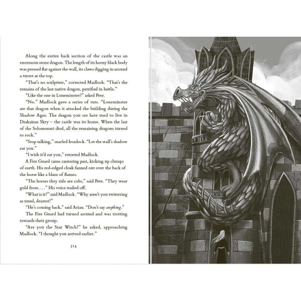 Illustration of a dragon on a castle wall with text on the left side.