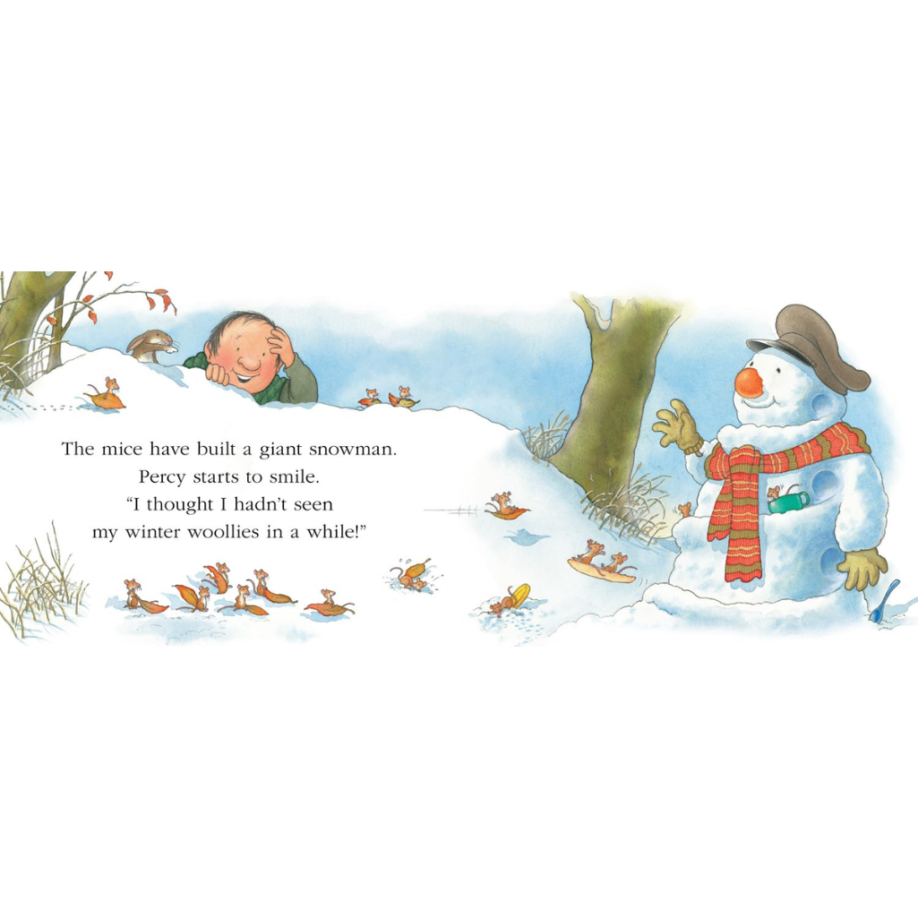Illustration of a snowman and a boy in a snowy scene with text.