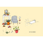 Cartoon of a cat leaving a mess in a room with plants and furniture.