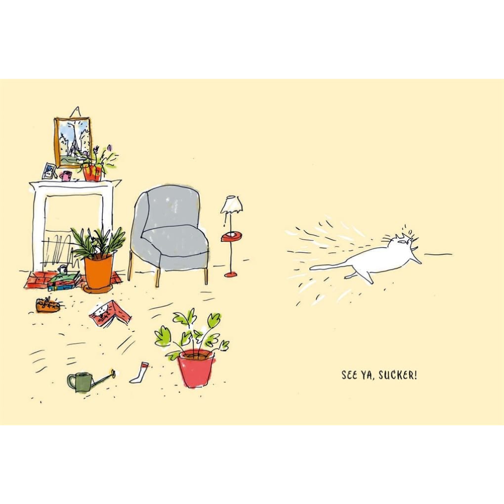 Cartoon of a cat leaving a mess in a room with plants and furniture.