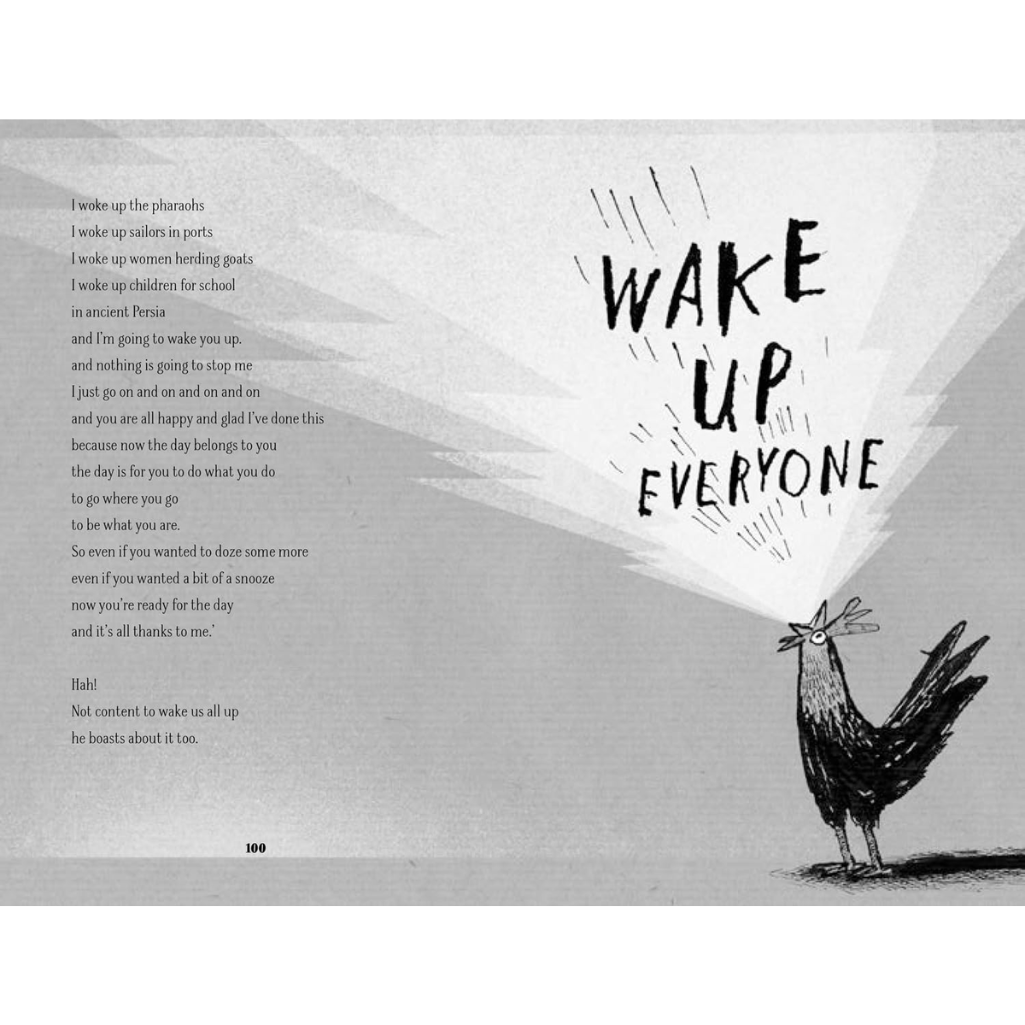 Illustration of a rooster with 'Wake Up Everyone' text and a poem on a gray background