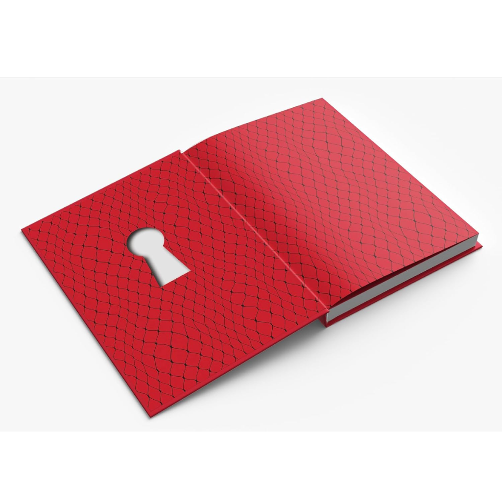 Red notebook with a keyhole design on a white background