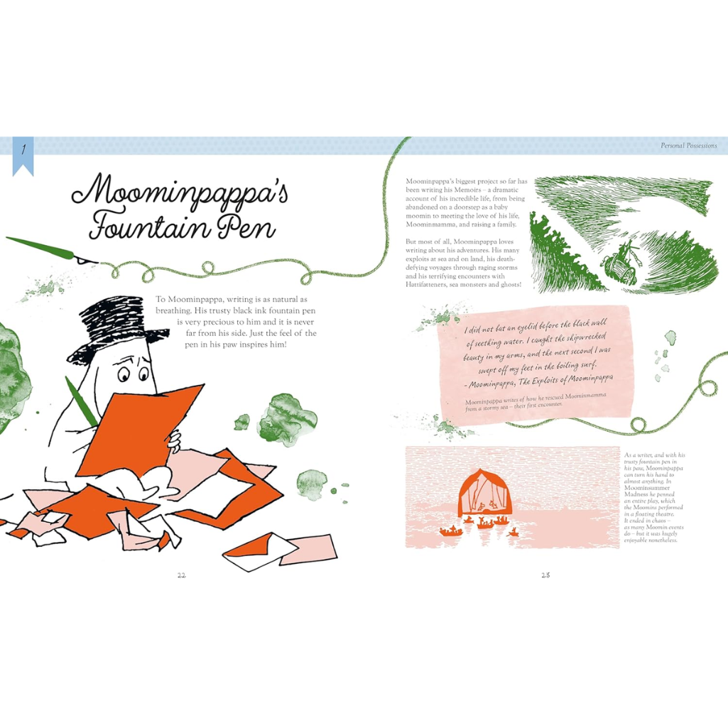 Illustrated page from a book featuring Moominpappa with a fountain pen, surrounded by greenery and text.