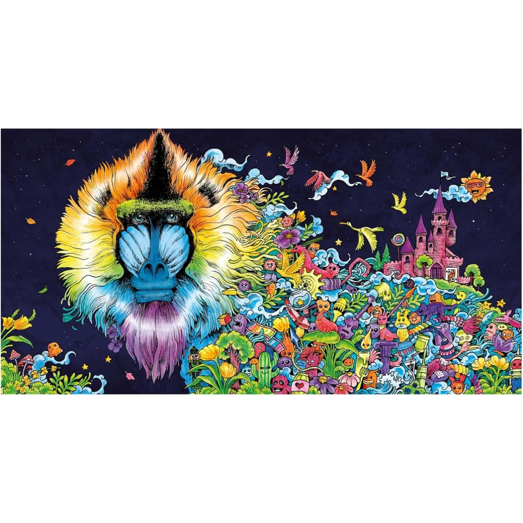 Colorful illustration of a monkey with a fantasy landscape including a castle and various creatures.