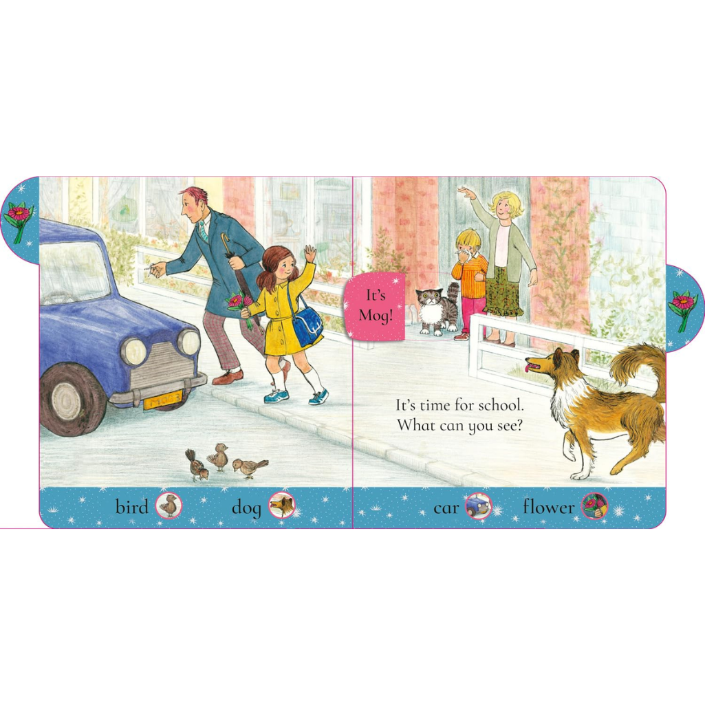 Illustrated scene from a children's book with a family and dog near a car, featuring text and animal illustrations.