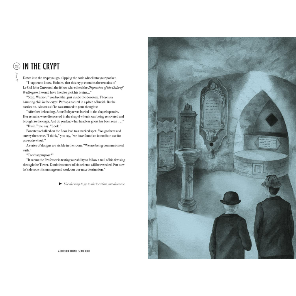 Illustration of two people in a crypt with text on the left
