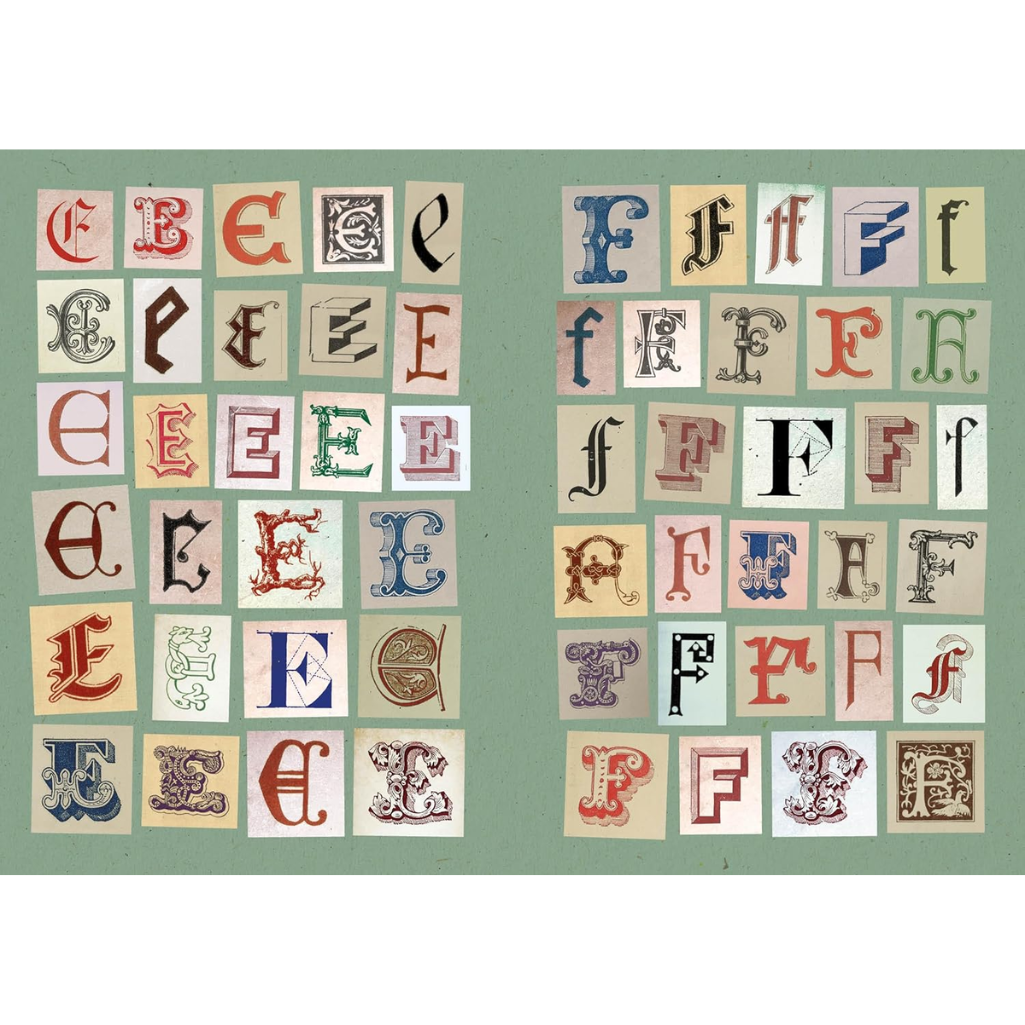 Collection of vintage-style letter stamps with 'E' and 'F' on a green background