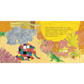 Colorful children's book page with elephants, a lion, and a crocodile on a yellow background.
