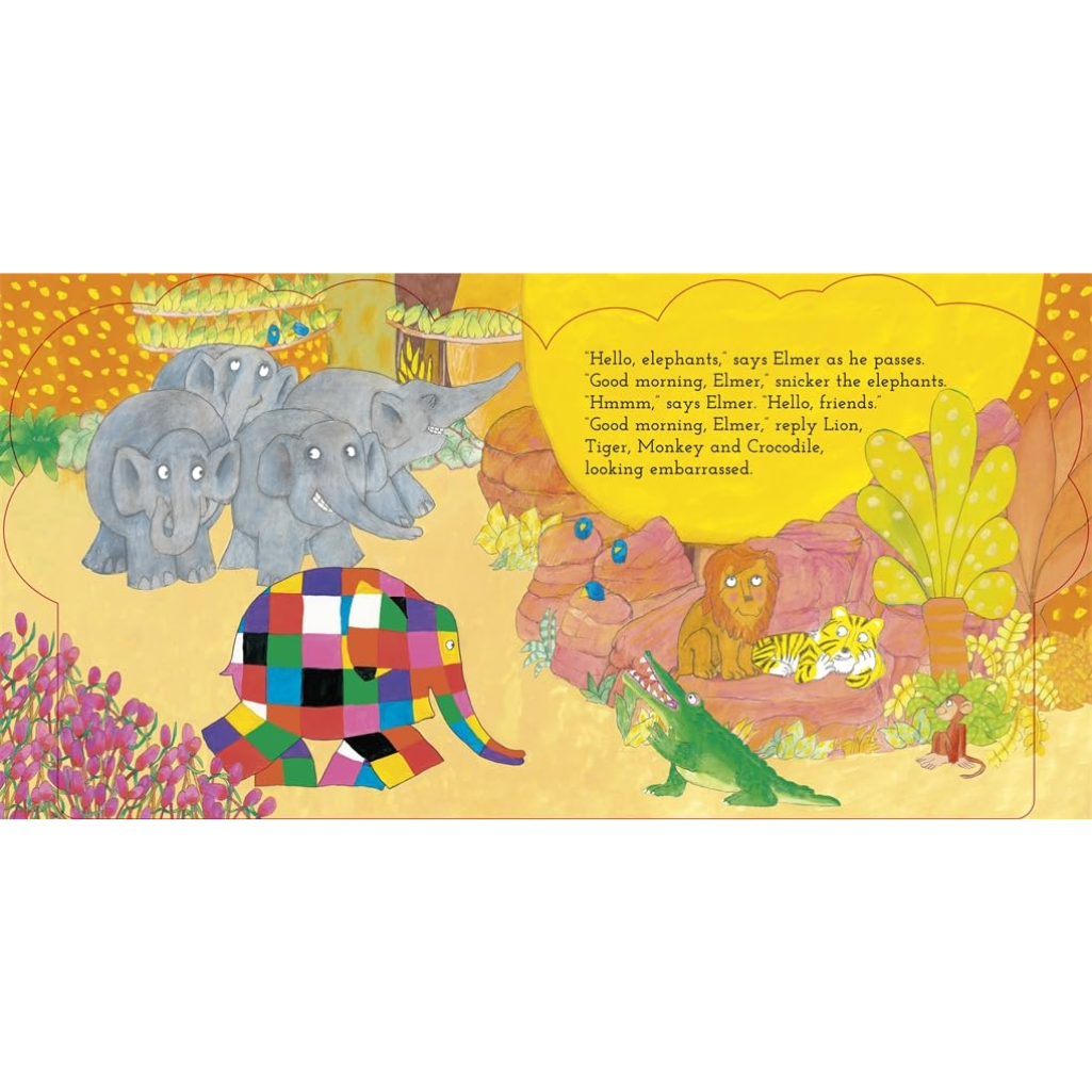 Colorful children's book page with elephants, a lion, and a crocodile on a yellow background.