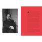Book page with black and white portrait on the left and red text block on the right