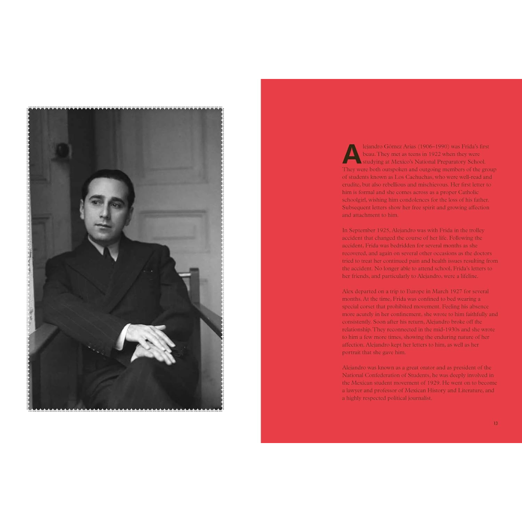 Book page with black and white portrait on the left and red text block on the right
