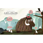 Illustration of a woolly mammoth waking up after a long time, with birds around and text bubbles.