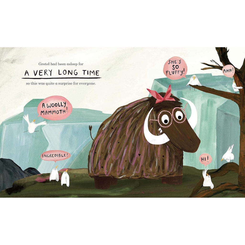 Illustration of a woolly mammoth waking up after a long time, with birds around and text bubbles.