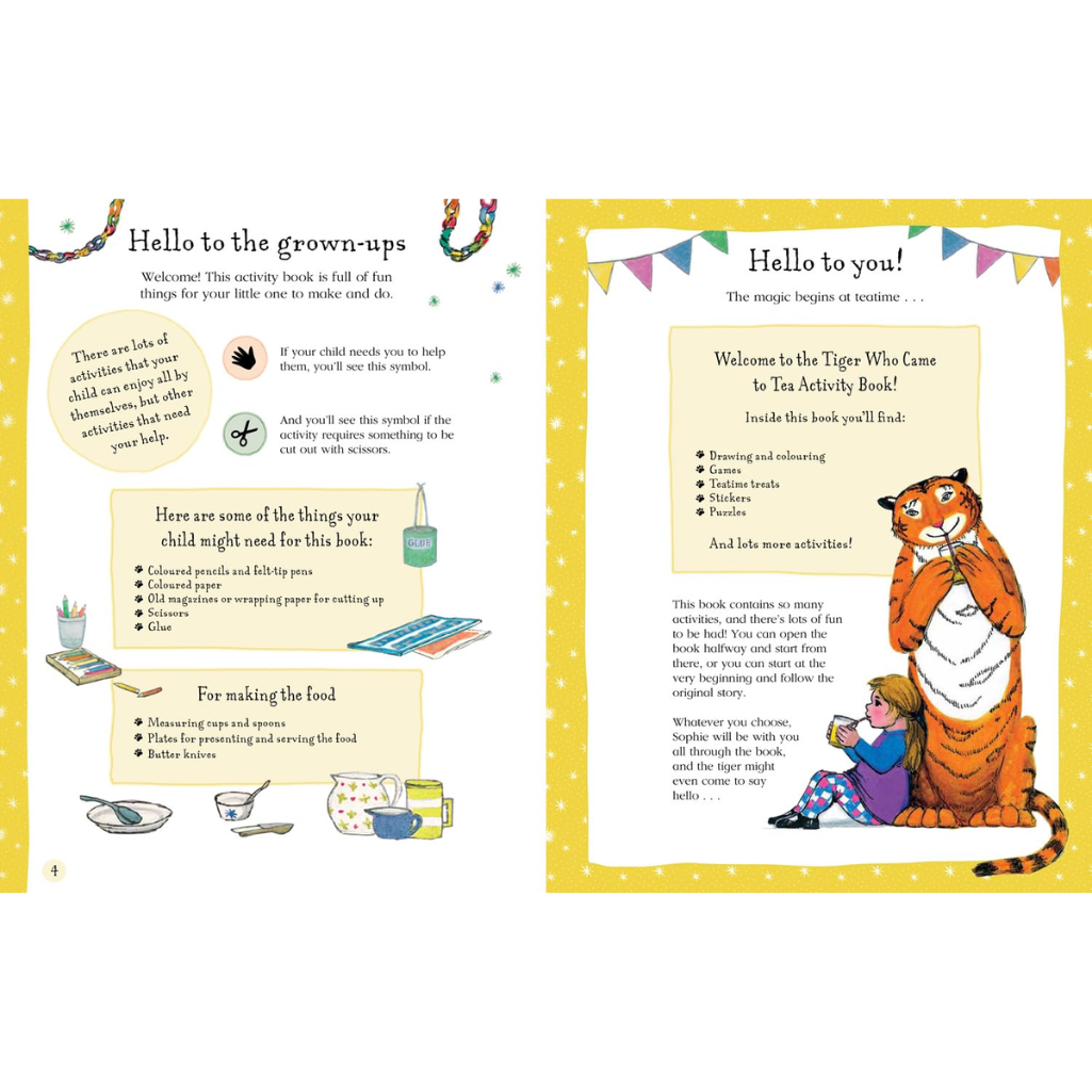 Children's activity book with a tiger illustration and text on a white background