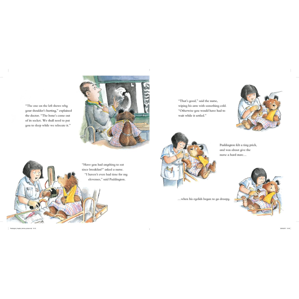 Illustrated book pages showing a sequence of a doctor examining a teddy bear with text.