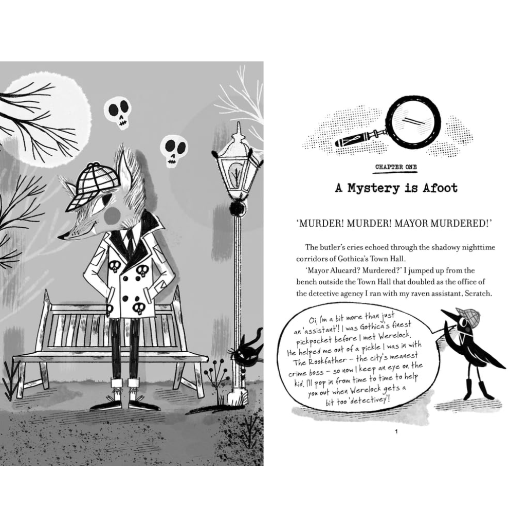 Illustrated book page with a fox character in a detective outfit and text about a mystery.