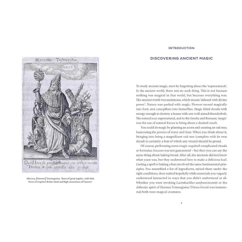 Book page with black and white illustration and text on ancient magic.