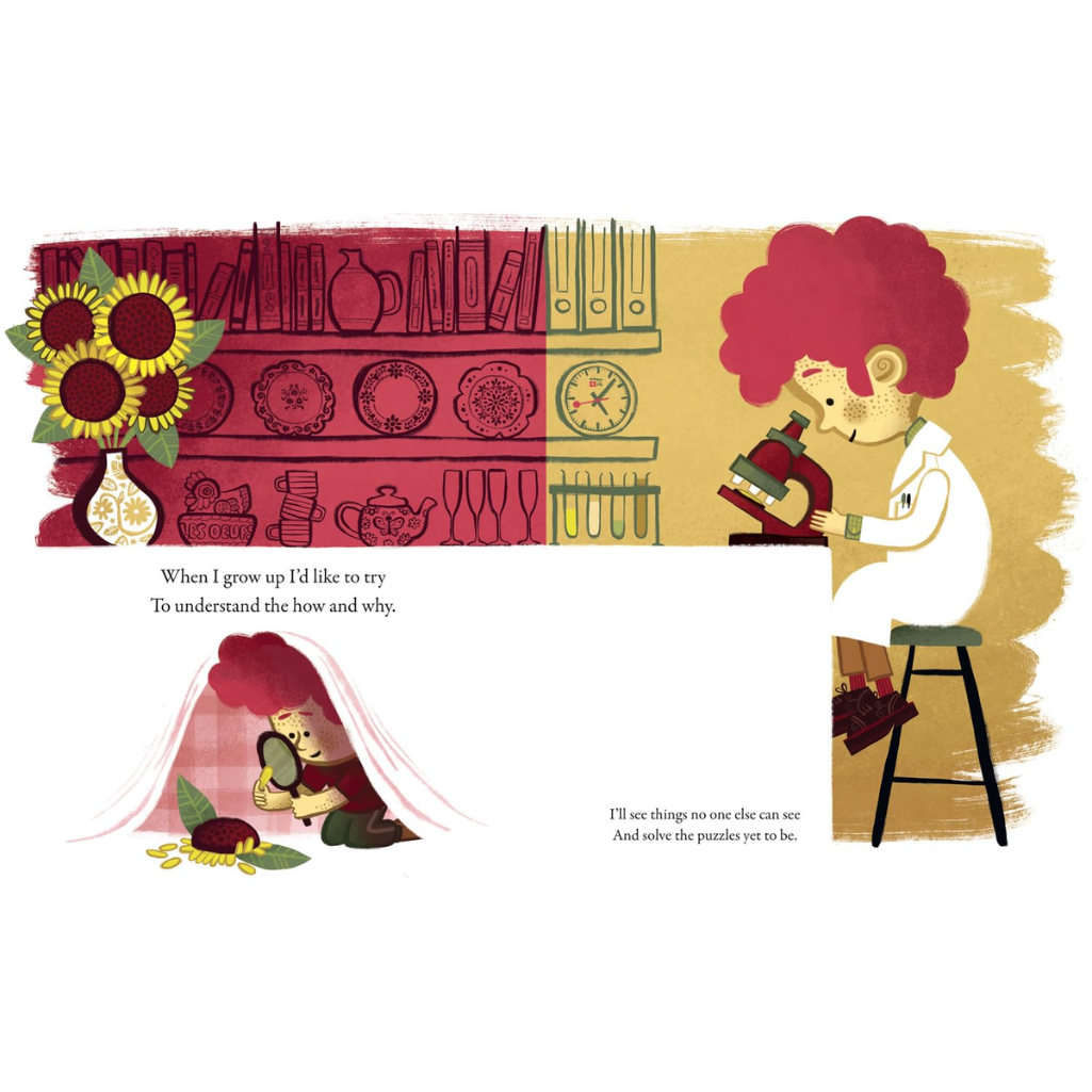 Illustration of a child and an adult looking through a magnifying glass with a kitchen background.