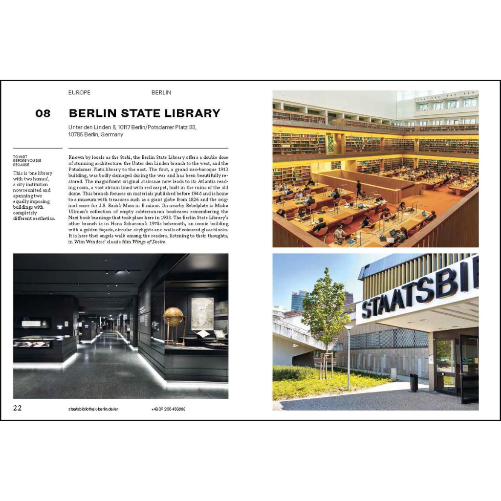 Page from a book or magazine featuring the Berlin State Library with text and images.