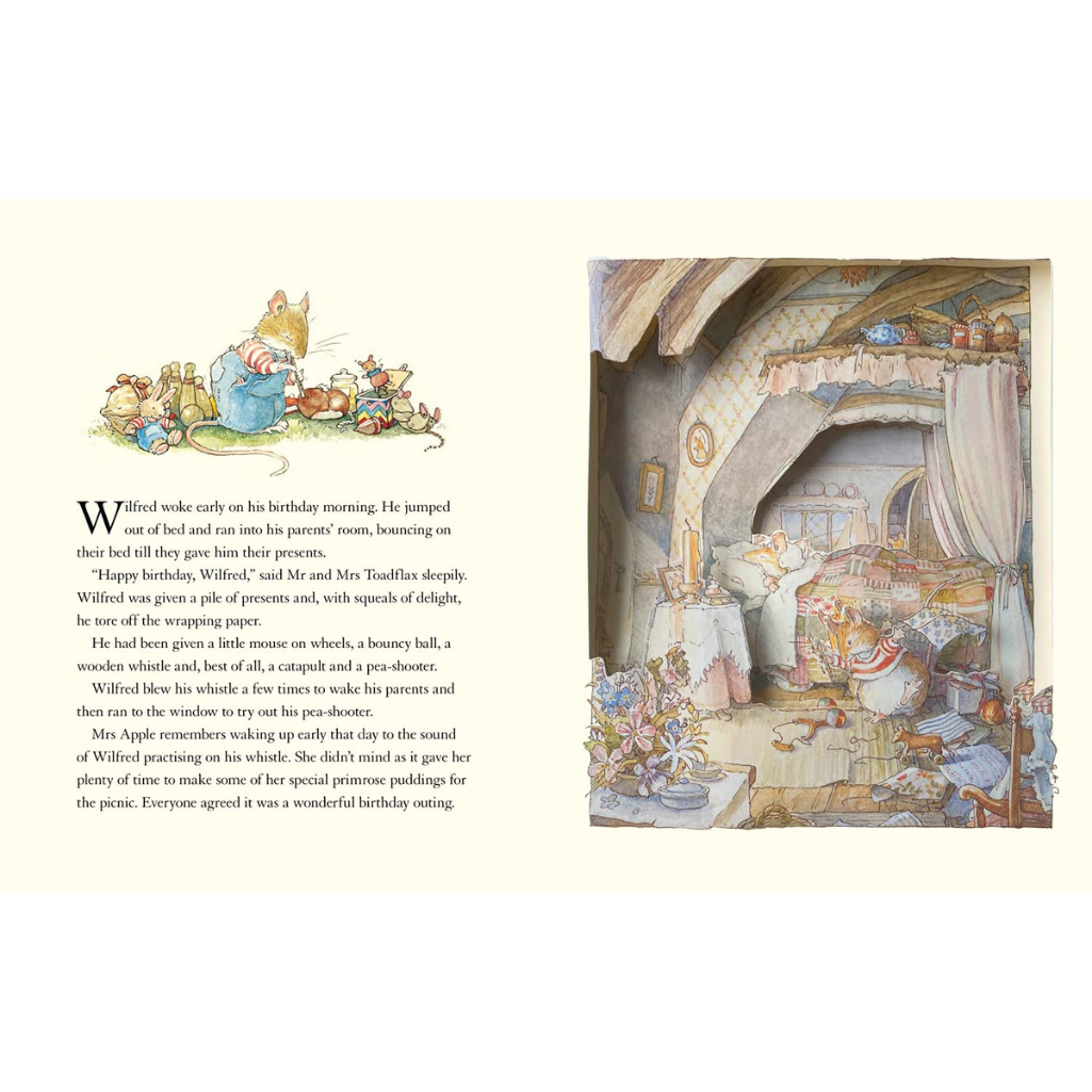 Illustrated book page with a scene of a child waking up and a room interior.