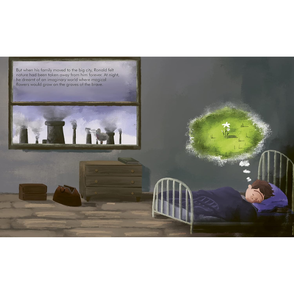 Child sleeping in bed with a TV showing a scene of a family and a thought bubble with a nature scene.