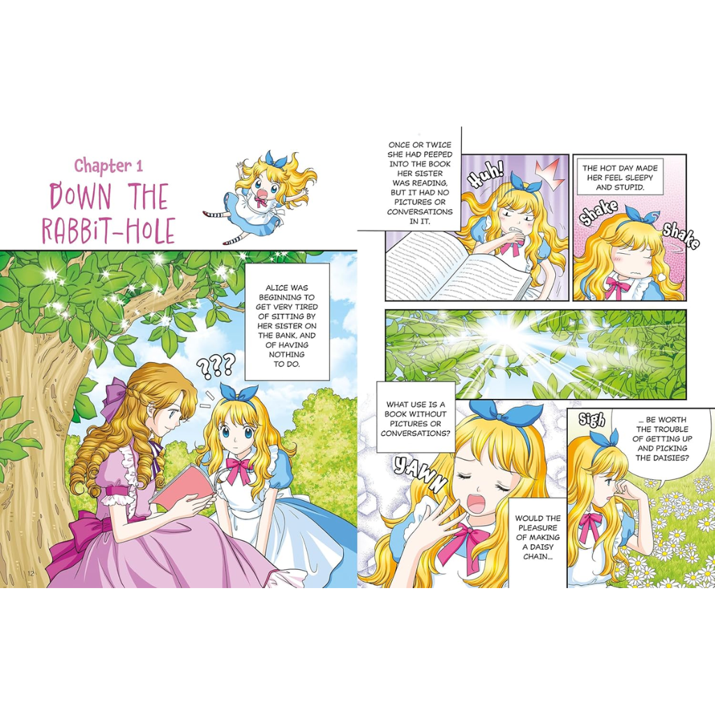 Comic strip of a character in a pink dress with a blue bow sitting under a tree, reading a book.
