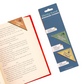 Packaged bookmark corners with colorful bookmarks on a book page.