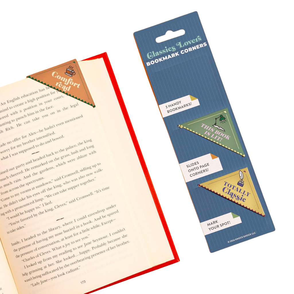 Packaged bookmark corners with colorful bookmarks on a book page.