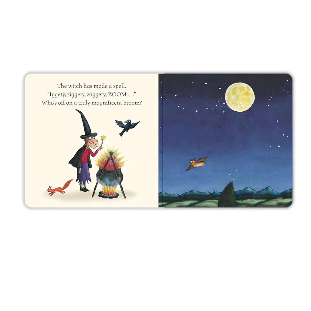 Illustration of a witch by a fire with text, and a night scene with a moon and birds.