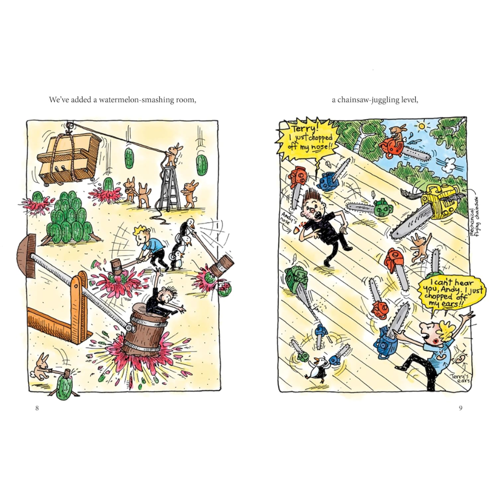 Two cartoon panels showing a chaotic scene with people and chainsaws.