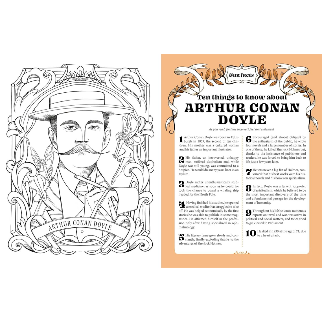 Coloring book page with a portrait of Arthur Conan Doyle and text on a white background