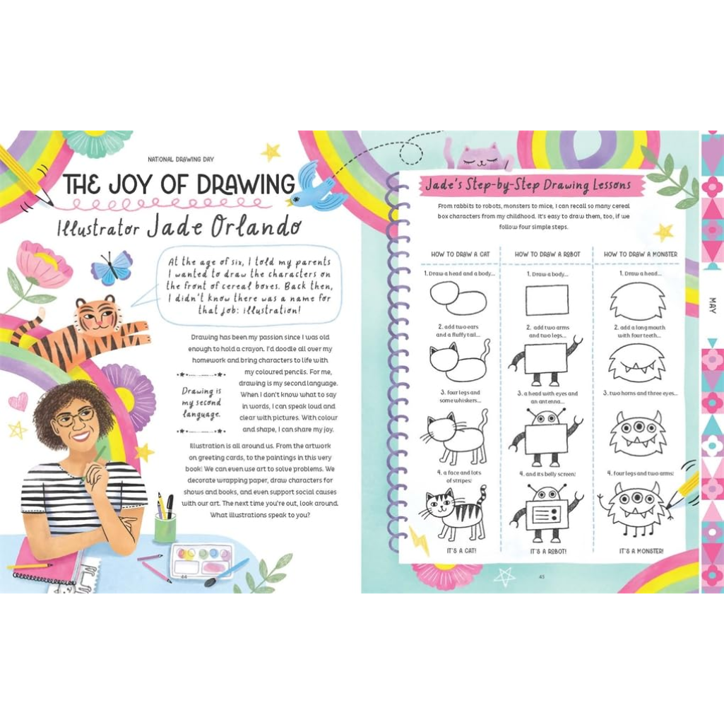 Illustrated book open to a page about drawing with colorful graphics and text.