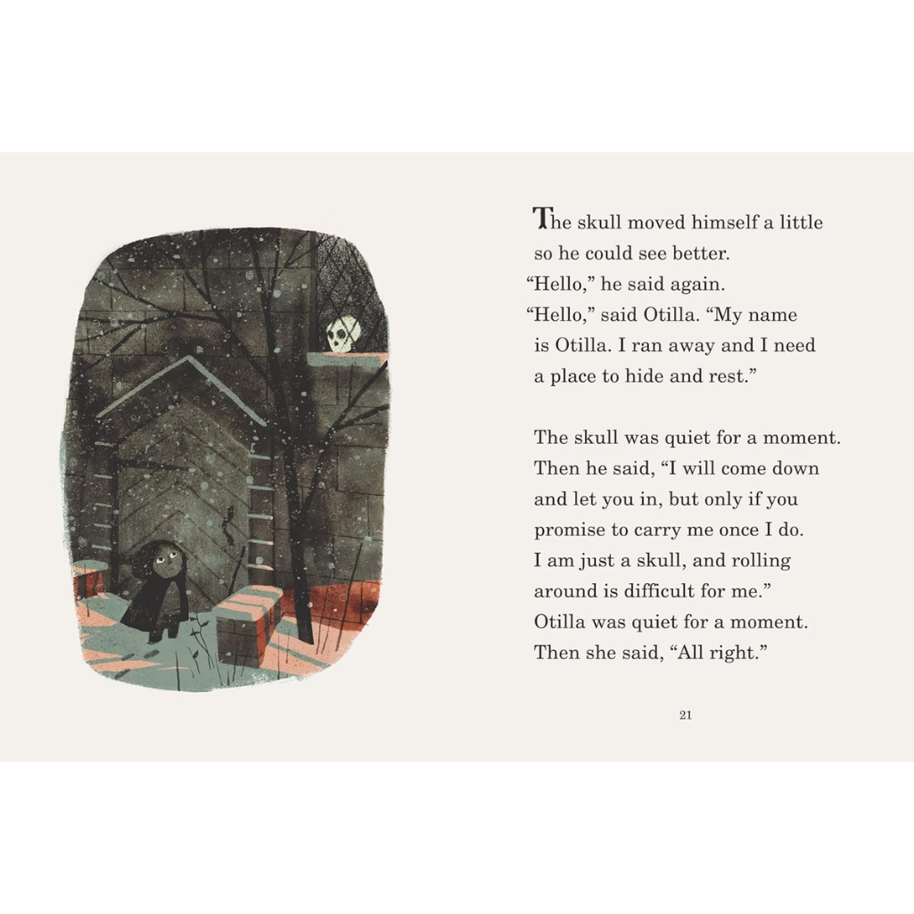 Illustration of a skull and a bear in a snowy scene with text on a white background