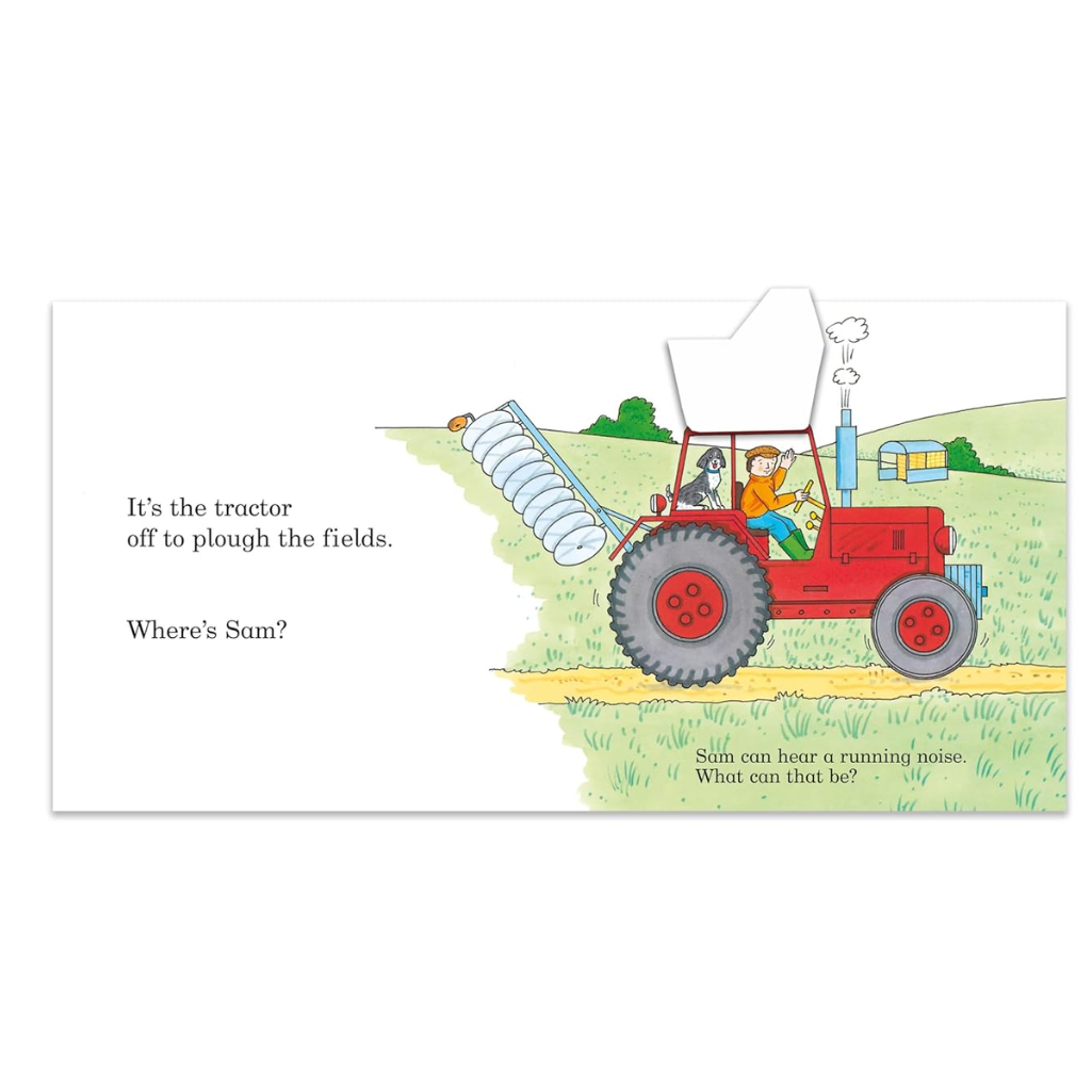 Illustration of a red tractor plowing fields with text on a white background