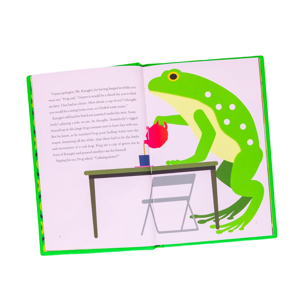 Open book with a green frog illustration on a white background