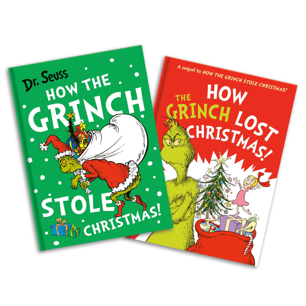 Two Dr. Seuss books titled 'How the Grinch Stole Christmas!' and 'How the Grinch Lost Christmas!' on a white background.