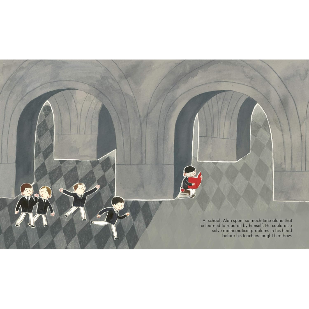 Illustration of a child reading a book in a large, empty hallway with other children playing.