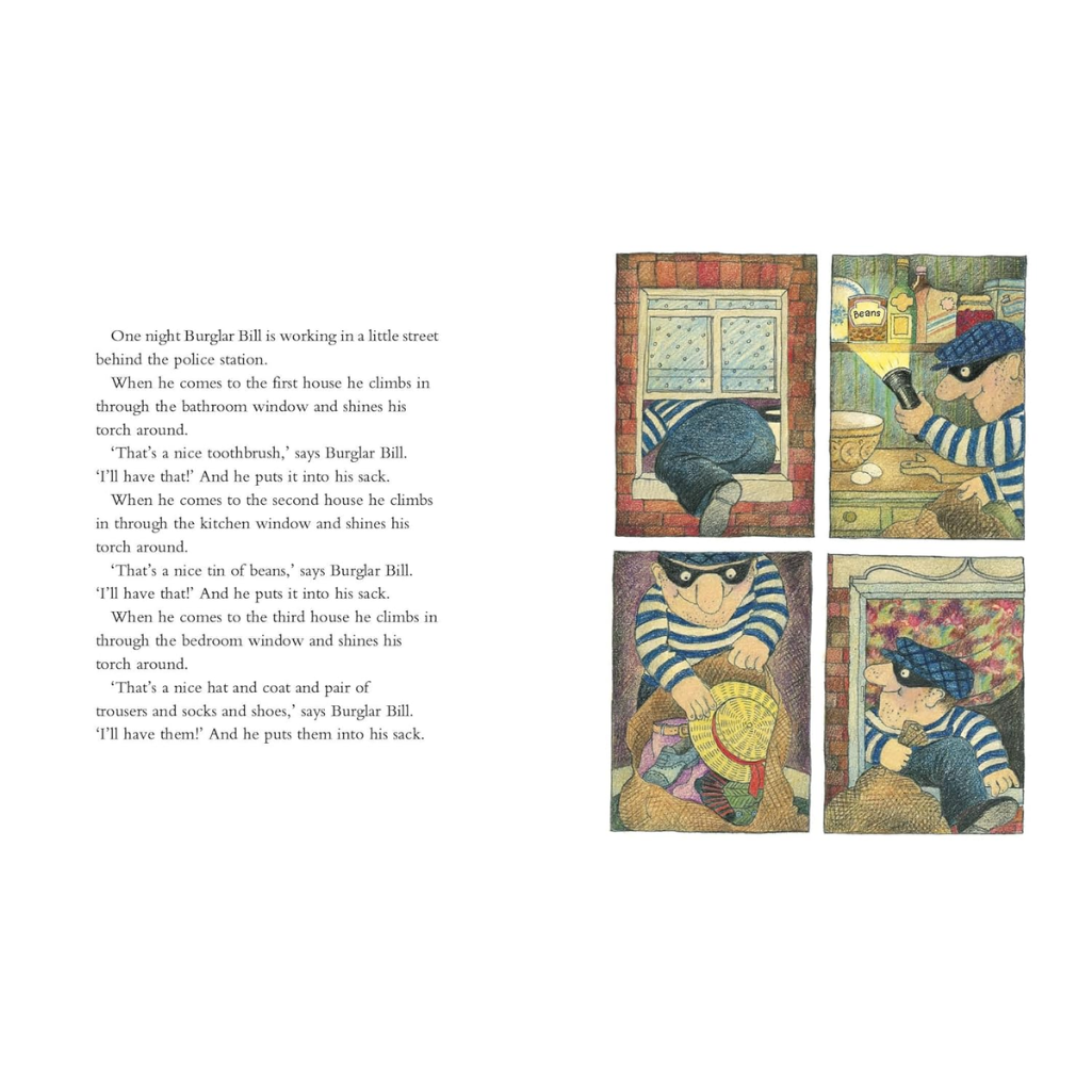 Illustrated book page with Burglar Bill character and text on a white background