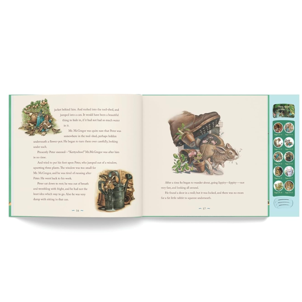 Open book with illustrations and text on a white background