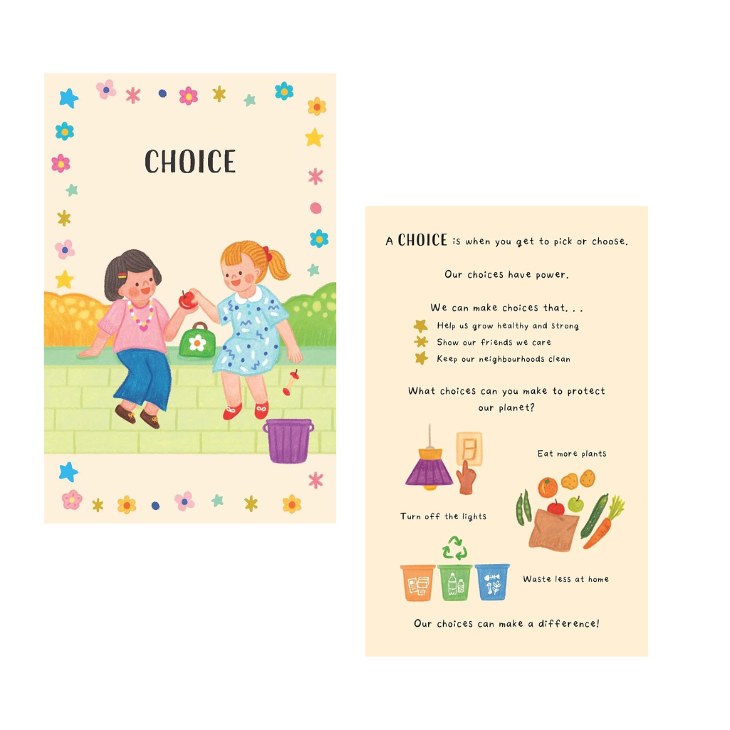 Educational book page about choices with illustrations and text.