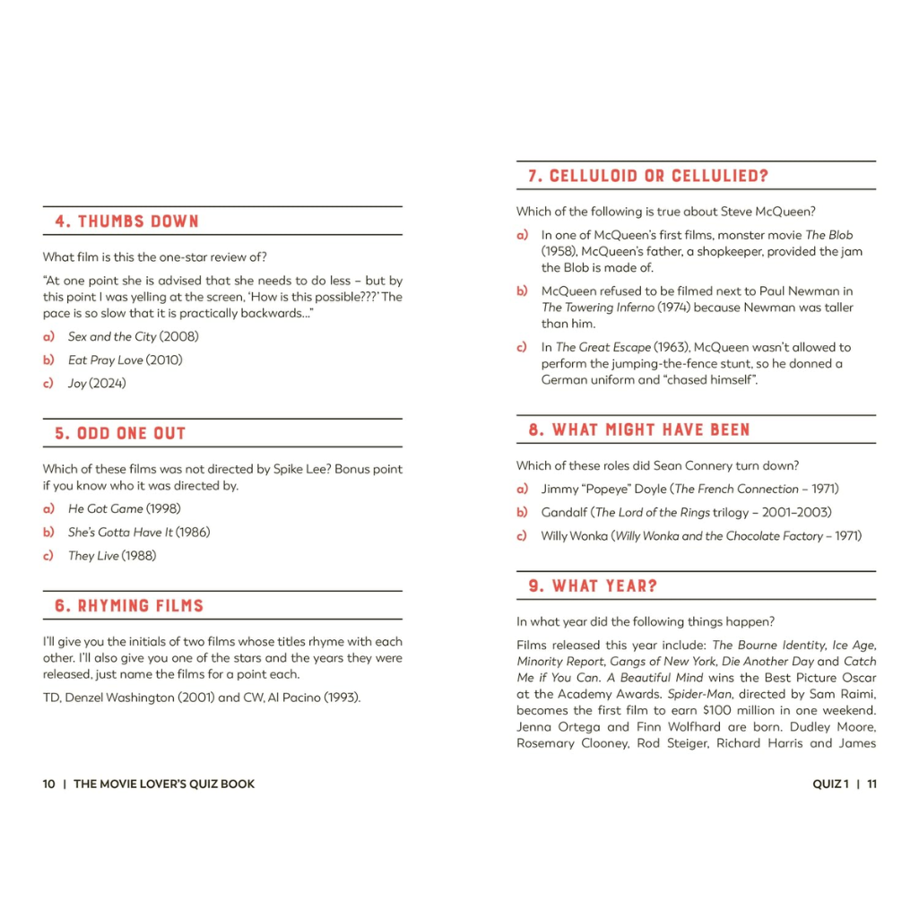Quiz book page with movie trivia questions on a white background