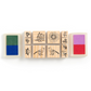 Set of wooden stamps with floral and bird designs on a white background