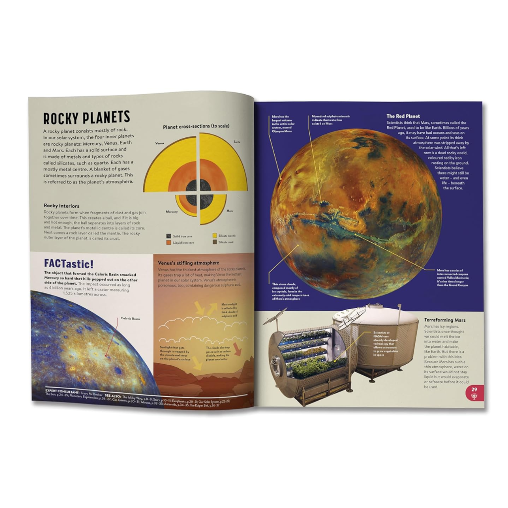 Open book showing a page about rocky planets with illustrations and text.